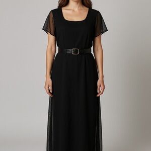 Vintage Virgo Elegant Black Sheer Sleeve Dress Overlay Fringe WhimsiGoth Maxi